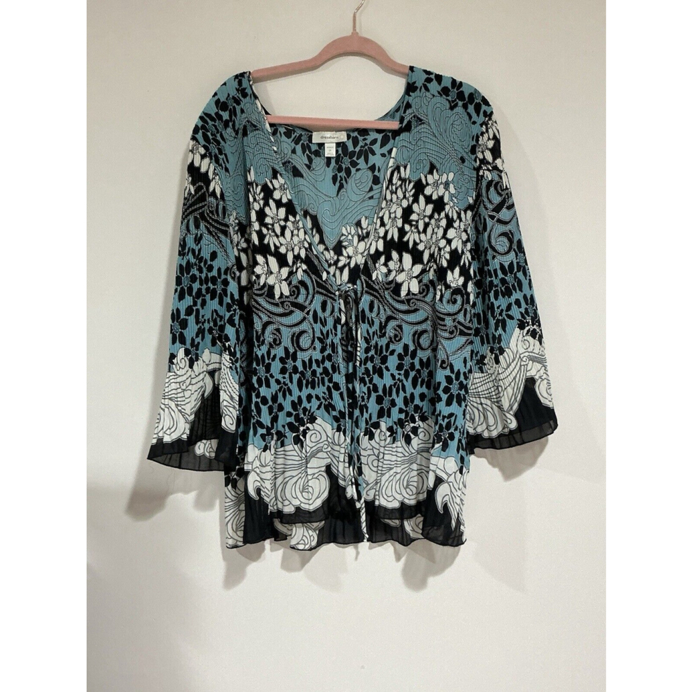 Woman’s Dress Barn Woman 2XL Acordian Pleated Blouse 3/4 Sleeve Blue Black
